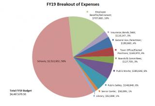 A pie chart illustrating how the FY19 budget is divided up among various departments.