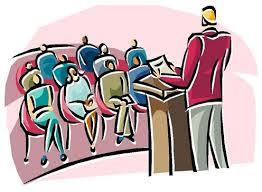 A drawing of a person standing at a lectern, speaking to a group of seated people.